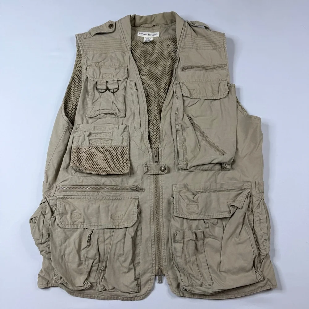 Banana Republic Safari Photography Vest Mens Medium Khaki Multi-Pocket Utility